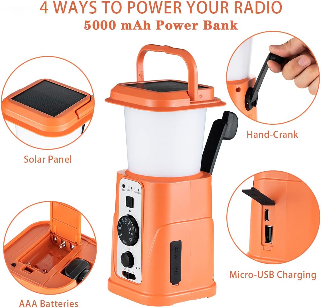 Portable NOAA Weather Radio Lantern Emergency Camping & Hiking Product with Solar & Hand Crank Charging Power Bank