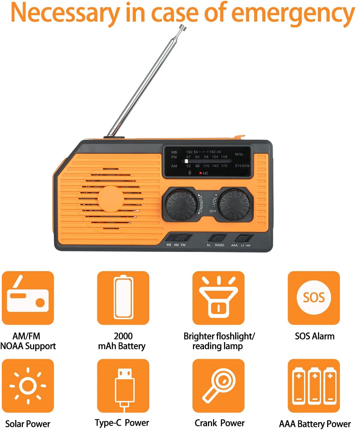 5000mAh Portable Solar Hand Crank Emergency Radio 4-Way Power AM/FM/SWAA Weather Alert Radio Hand Crank Solar Battery Power