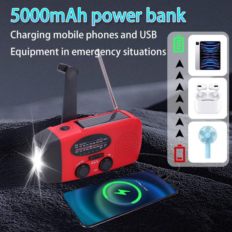 5000mAh Solar Crank Radio Flashlight AM FM NOAA Hand Crank Emergency Weather Forecast Power Bank