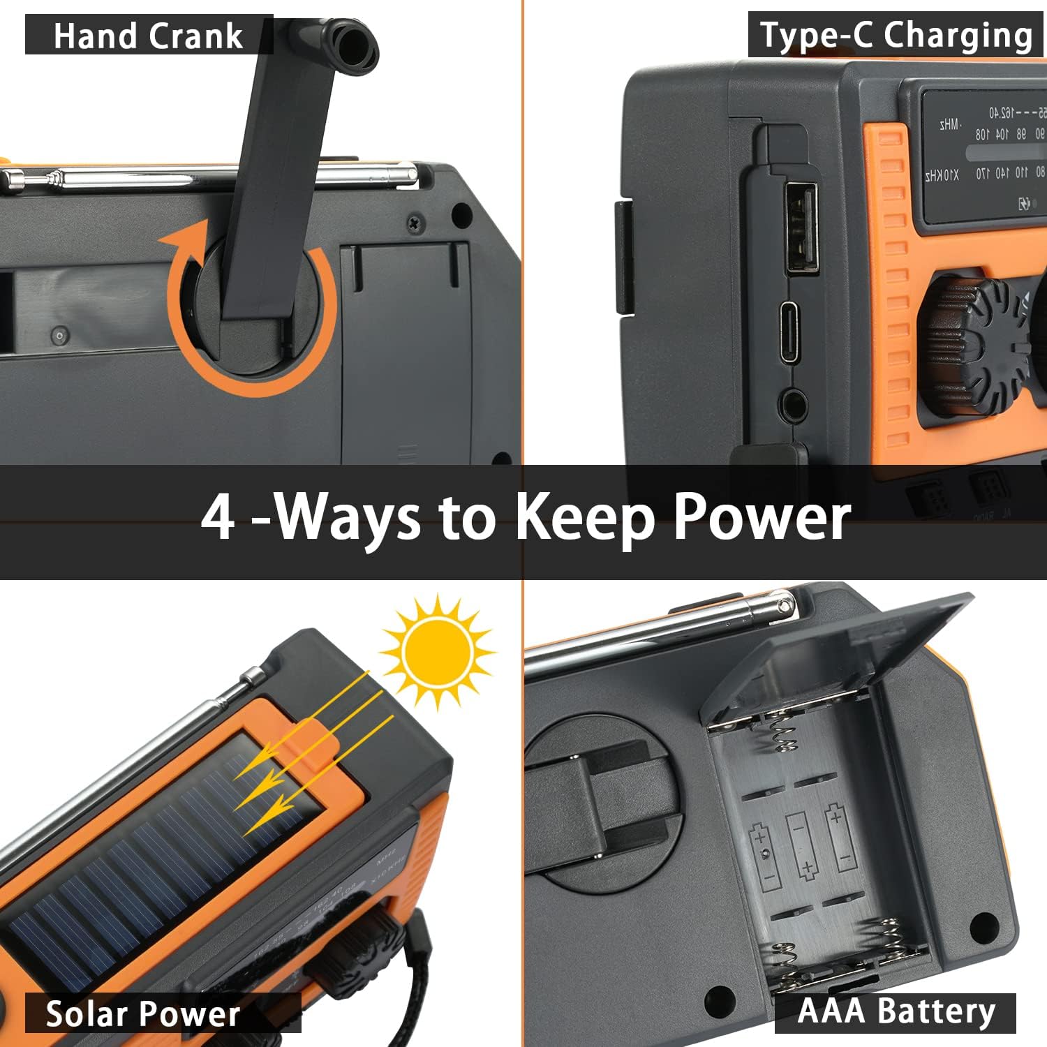 5000mAh Portable Solar Hand Crank Emergency Radio 4-Way Power AM/FM/SWAA Weather Alert Radio Hand Crank Solar Battery Power