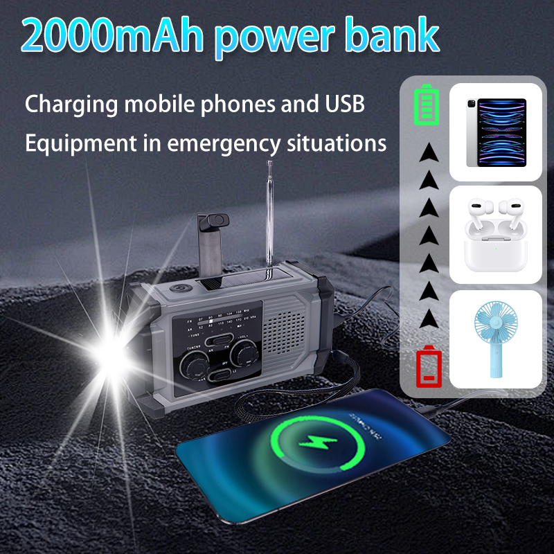 Hot Solar Charger Portable Emergency Radio with 3-Model Flashlight SOS Alarm Waterproof Hand Crank Design Weather Forecast