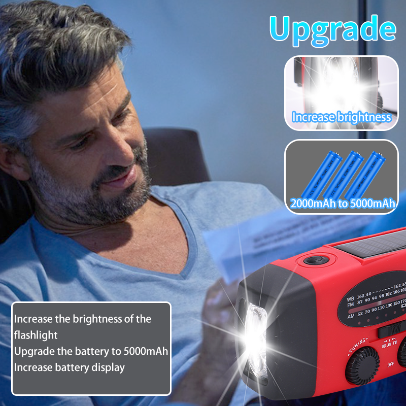 5000mAh Solar Crank Radio Flashlight AM FM NOAA Hand Crank Emergency Weather Forecast Power Bank