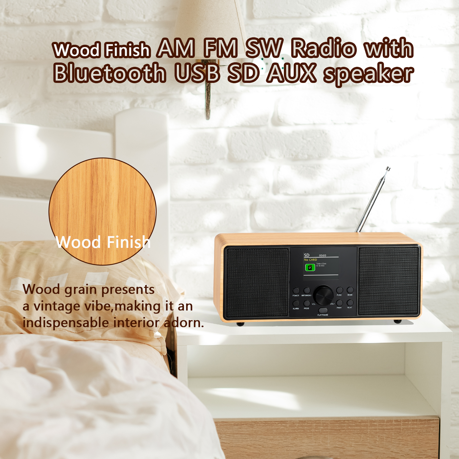 Vintage Retro for Bluetooth Speaker with Clock Function Rechargeable FM Radio Supports TF Card/AUX/USB & MP3 Player