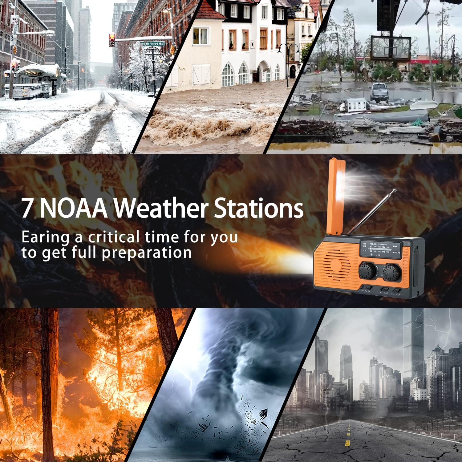 5000mAh Portable Solar Hand Crank Emergency Radio 4-Way Power AM/FM/SWAA Weather Alert Radio Hand Crank Solar Battery Power